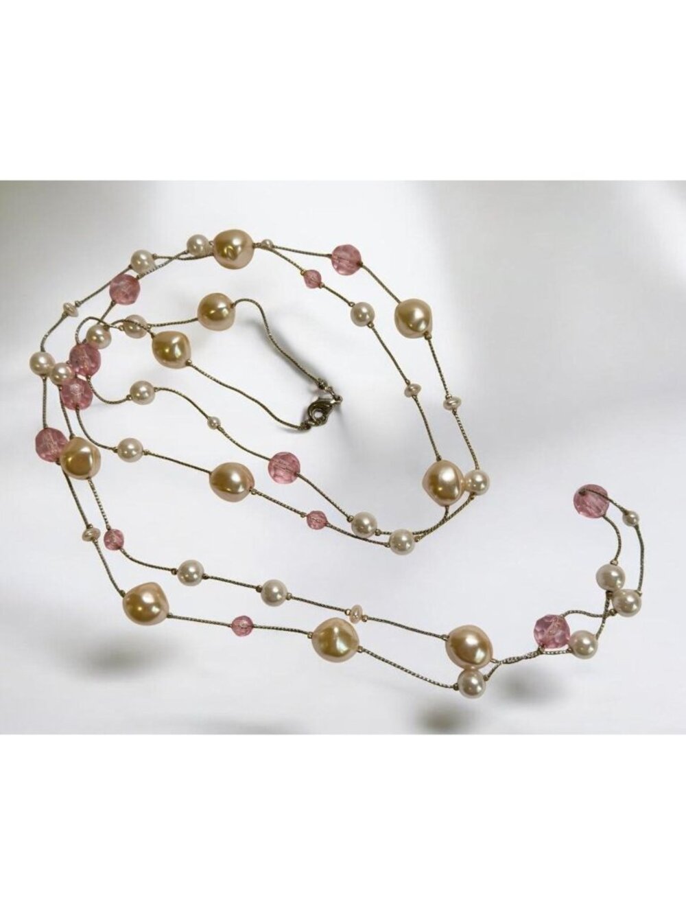 Vintage Floating Beaded Necklace Faux Pearls Pink Beads Gold Tone Elegant